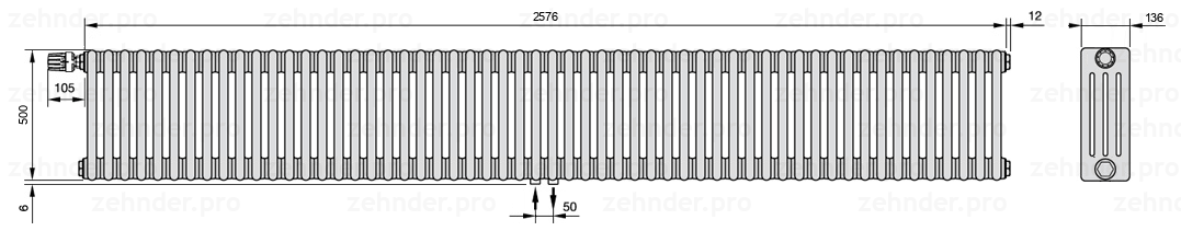 Схема (чертеж) Радиатор Zehnder Charleston 4050/56 №V007 Белый глянцевый RAL 9016